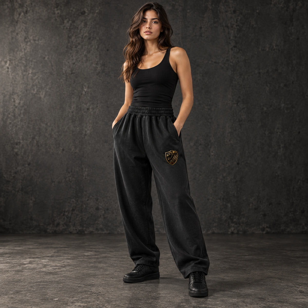 Royal Shield Mineral-Wash Balloon Sweatpants on female model