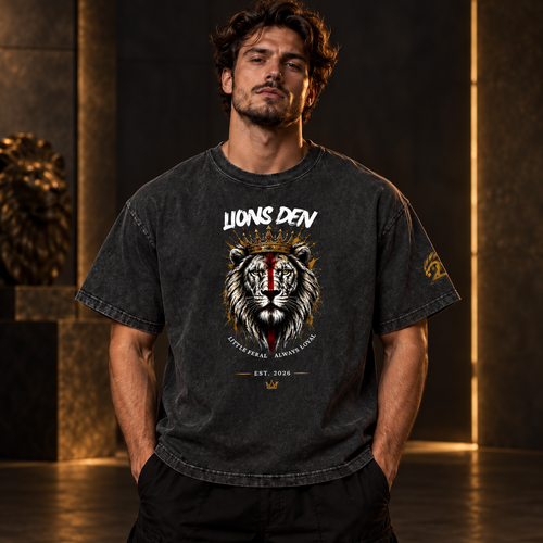 Born Wild Red Stripe Lion Mineral-Wash Boxy Tee model mockup with corrected Founder sleeve stamp