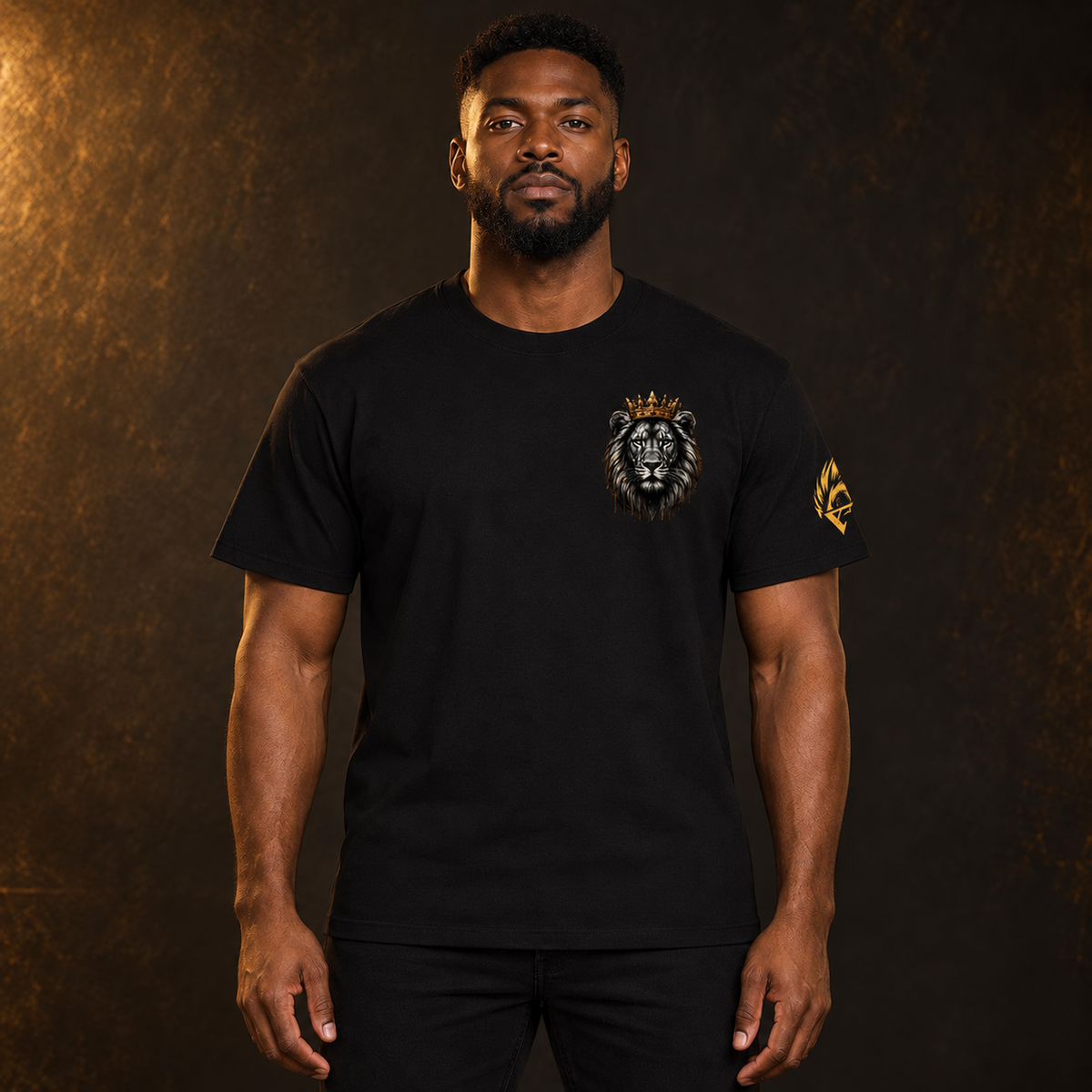 Crowned Lion Chest Essential Cotton Tee model mockup with corrected Founder sleeve stamp