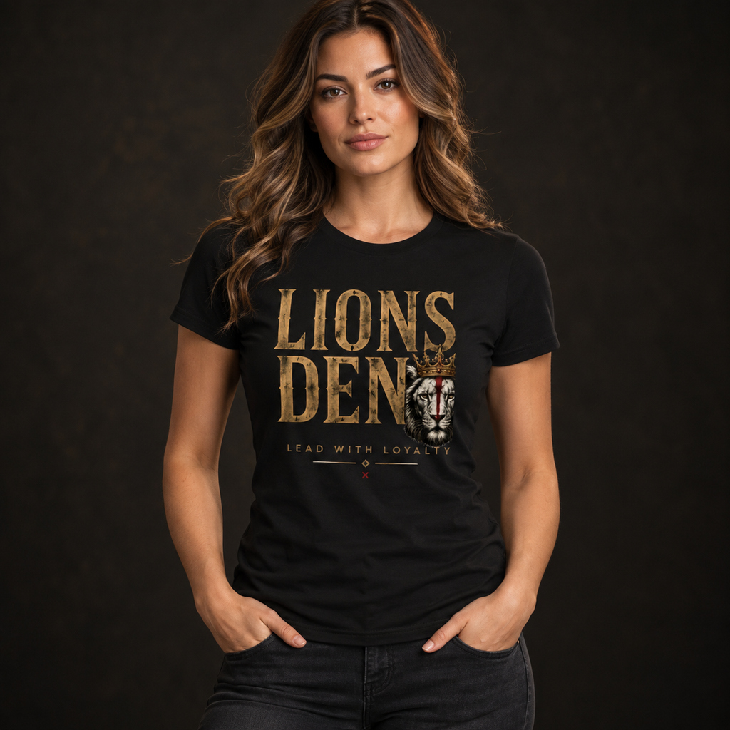 Lions Den and Lion Women's Slim-Fit Tee — female model wearing front