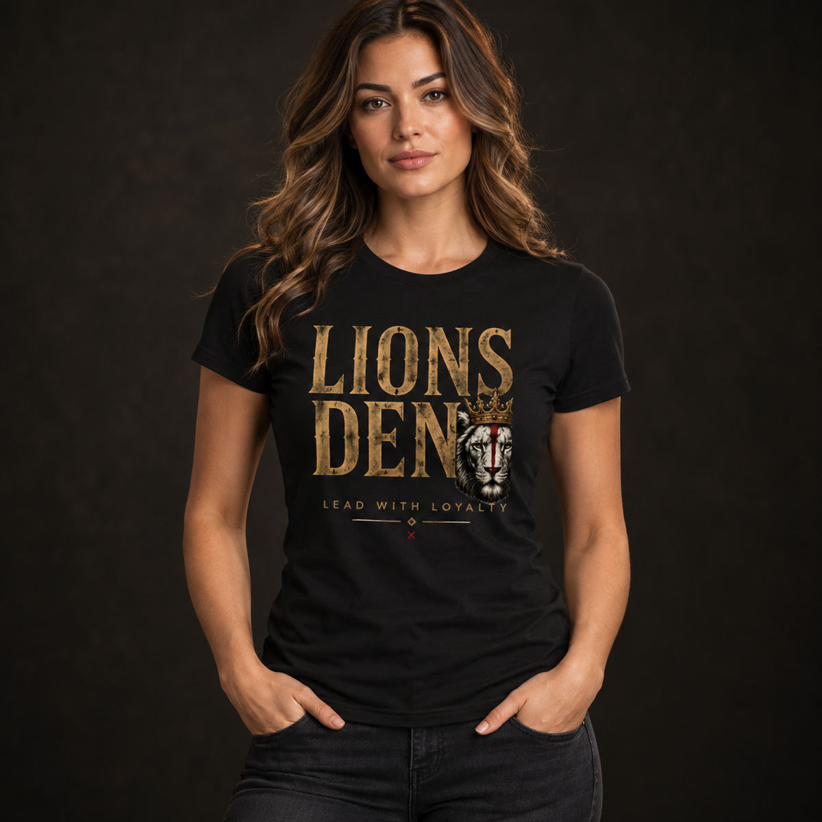 Lions Den and Lion Women's Slim-Fit Tee — female model wearing front