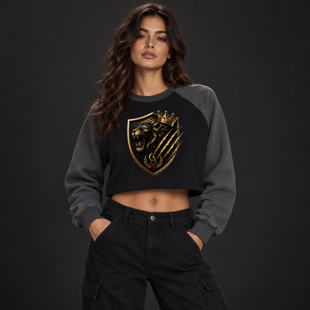 Royal Shield Color-Block Cropped Sweatshirt — female model wearing front