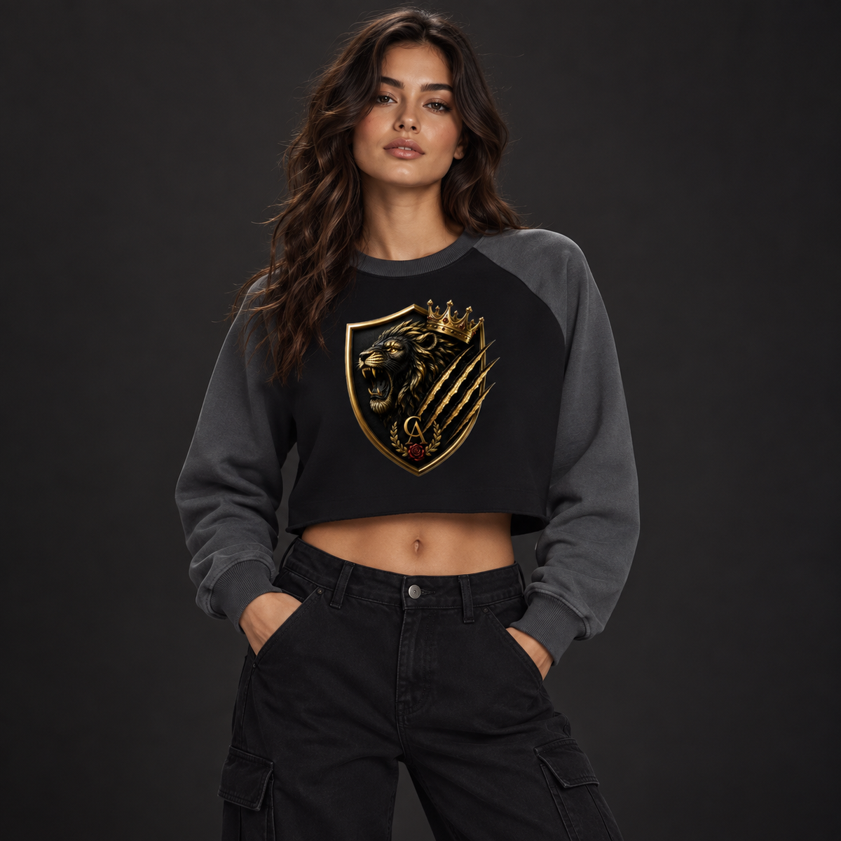 Royal Shield Color-Block Cropped Sweatshirt — female model wearing front