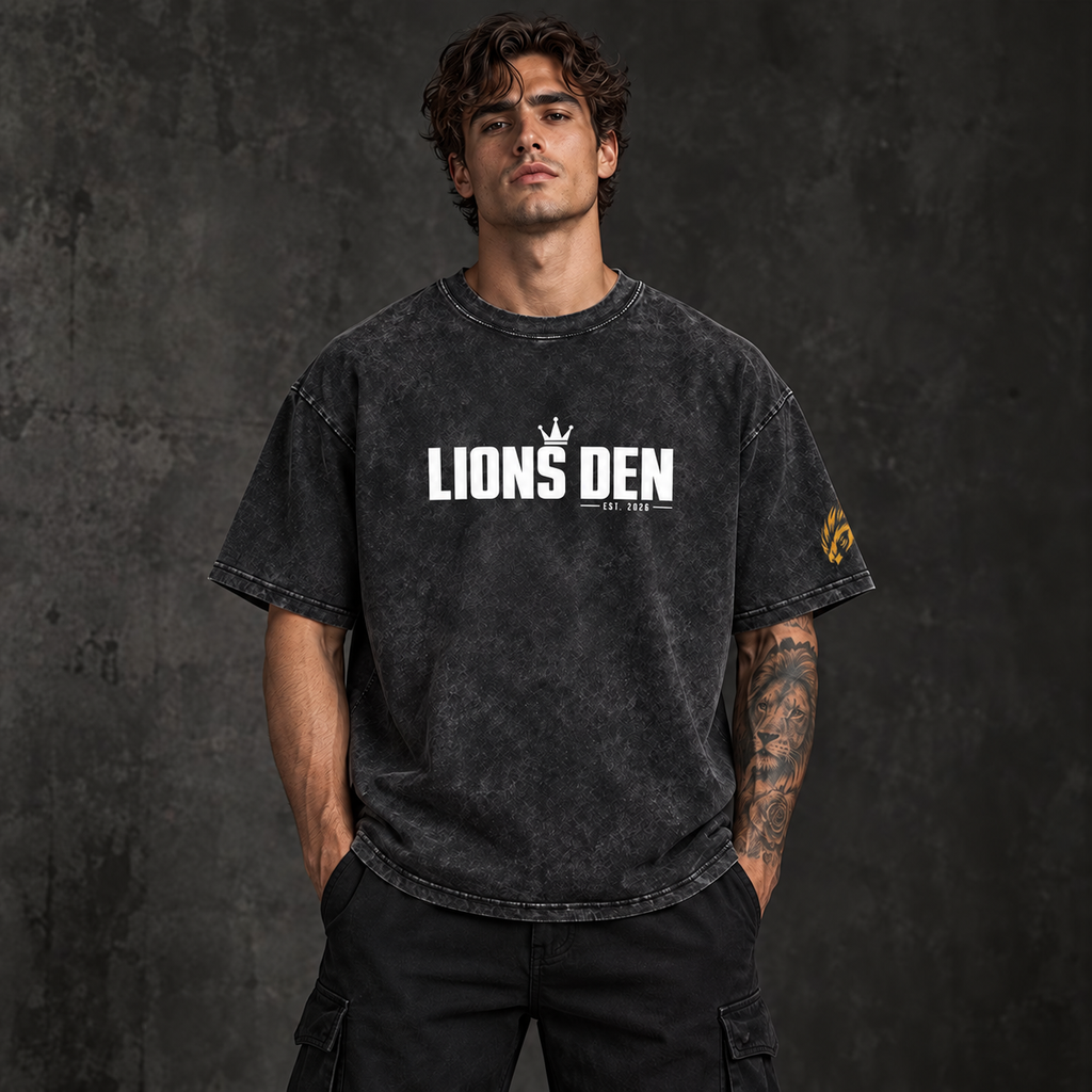 Lions Den Classic Block Mineral-Wash Boxy Tee model mockup with corrected Founder sleeve stamp