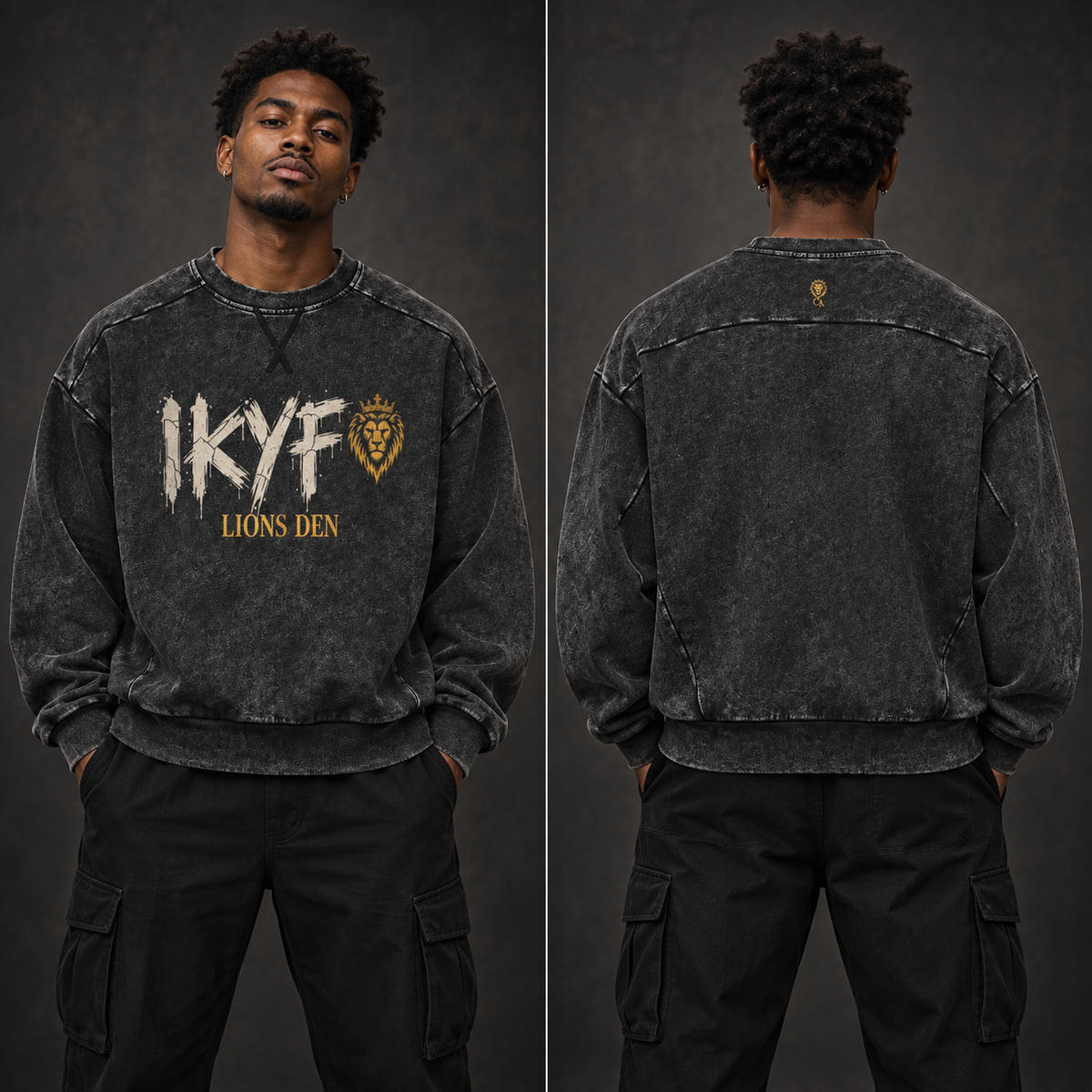 IKYF Lion Mineral-Wash Boxy Sweatshirt — model showing front and back