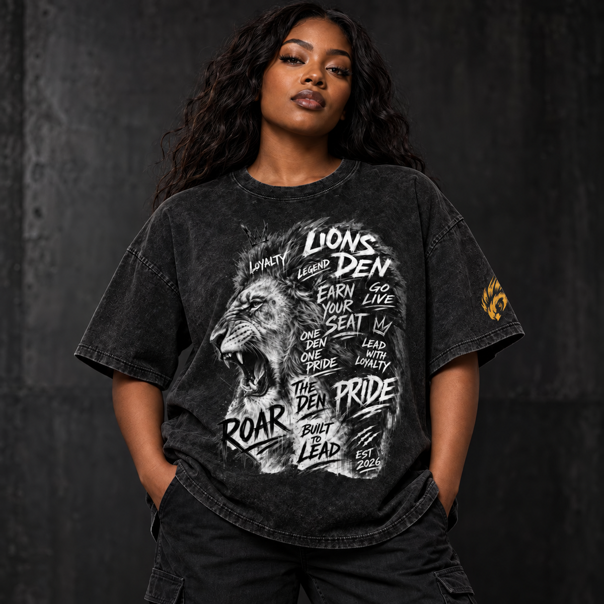 Pride Manifesto Lion Snow-Wash Oversized Tee model mockup with corrected Founder sleeve stamp