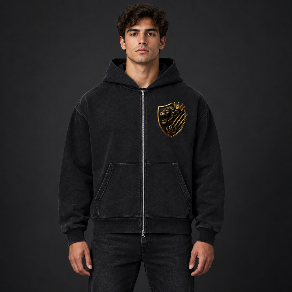 Royal Lion Shield Mineral-Wash Boxy Zip Hoodie — model wearing front