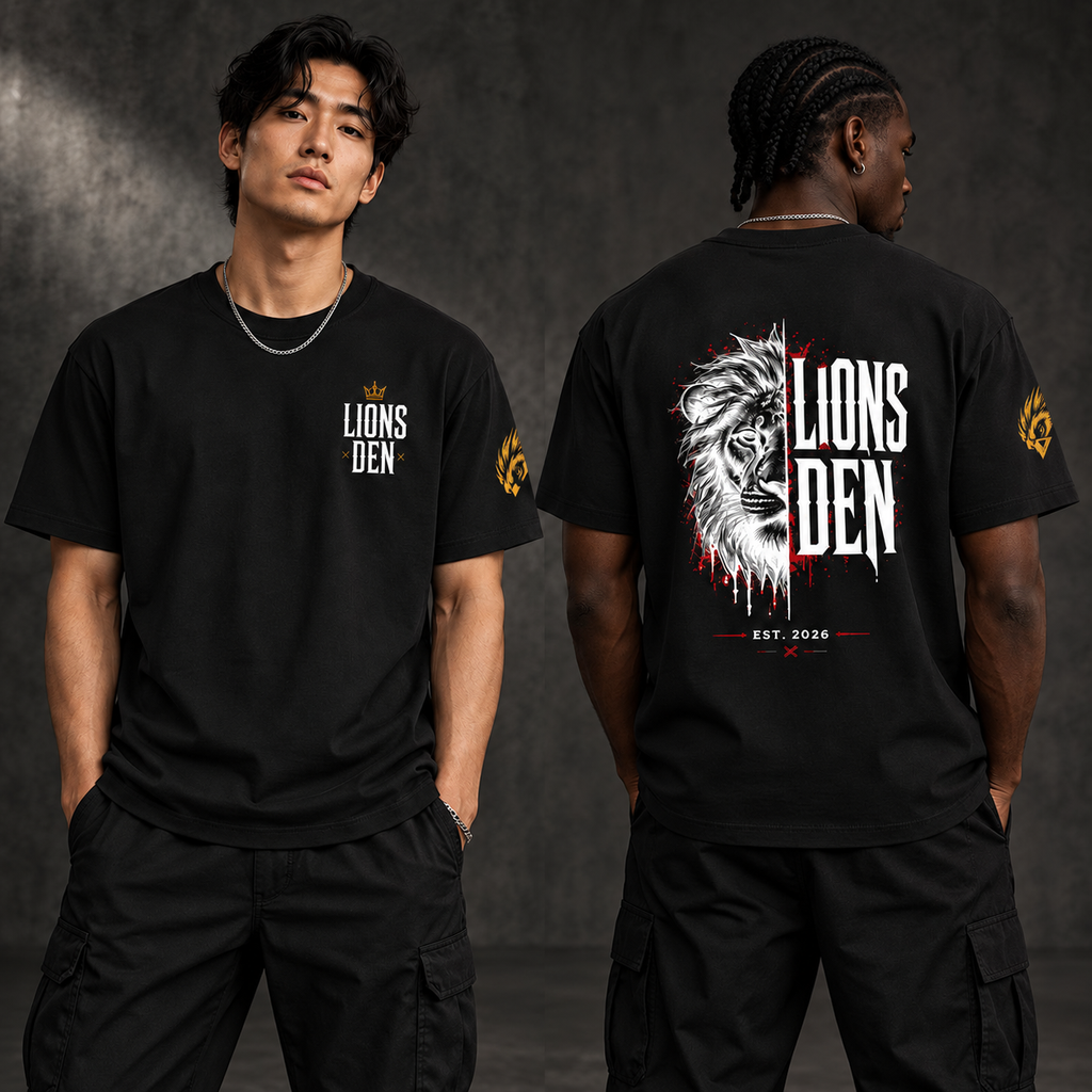 Lions Den Scratch Lion Essential Cotton Tee model mockup with corrected Founder sleeve stamp