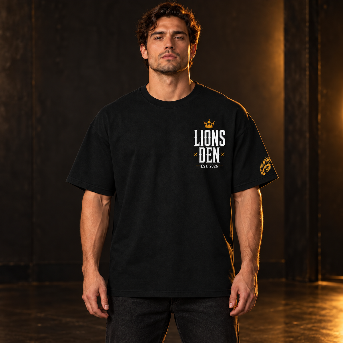 Crowned Lions Den Stack Streetwear Drop-Shoulder Tee model mockup with corrected Founder sleeve stamp