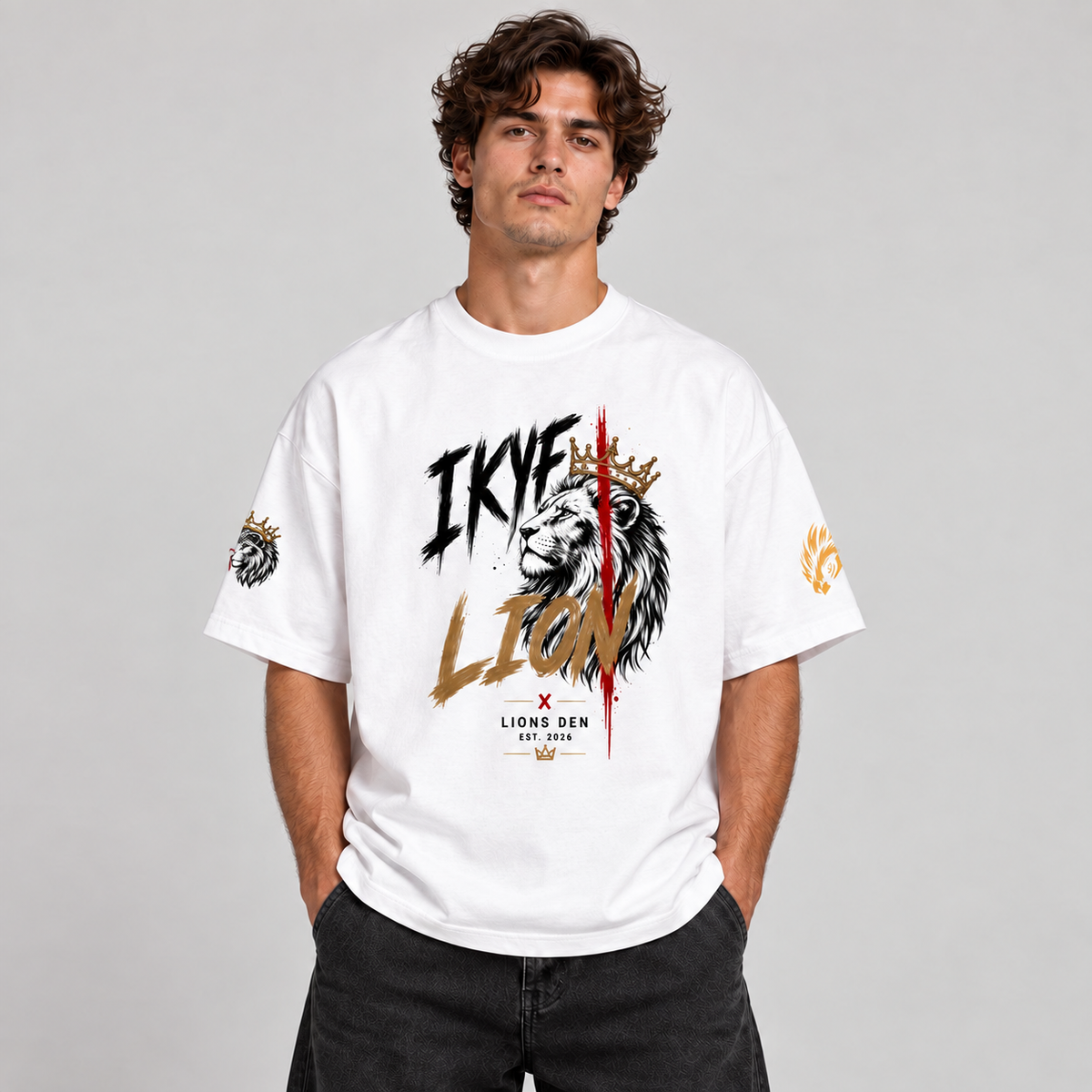 IKYF Crowned Lion Oversized Tee model mockup with corrected Founder sleeve stamp