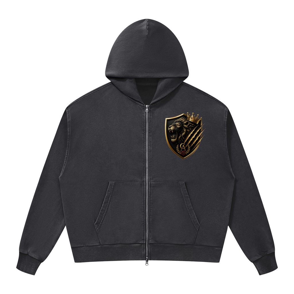 Royal Lion Shield Mineral-Wash Boxy Zip Hoodie