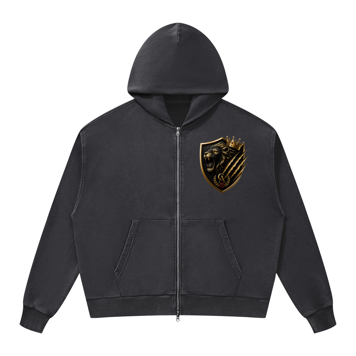 Royal Lion Shield Mineral-Wash Boxy Zip Hoodie