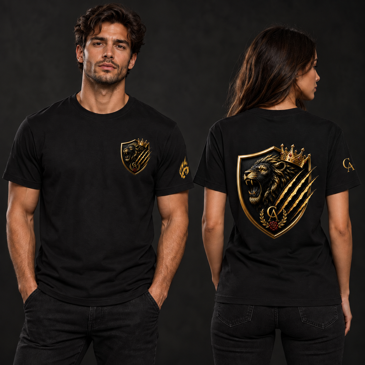 Royal Shield Essential Cotton Tee model mockup with corrected Founder sleeve stamp