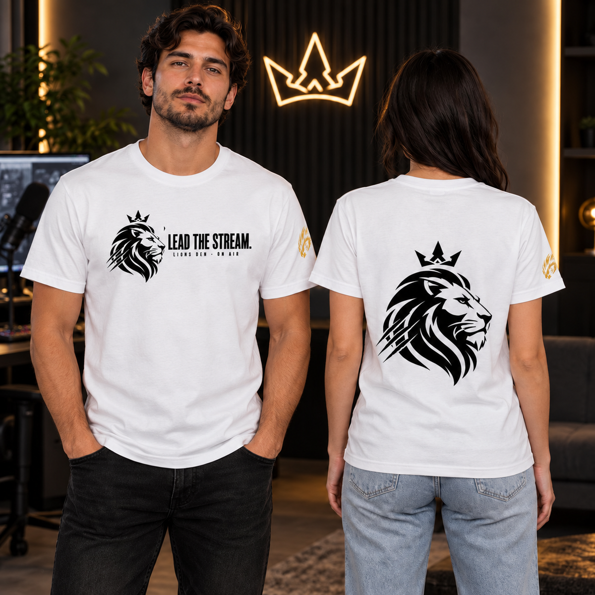 Lead the Stream Essential Cotton Tee model mockup with corrected Founder sleeve stamp