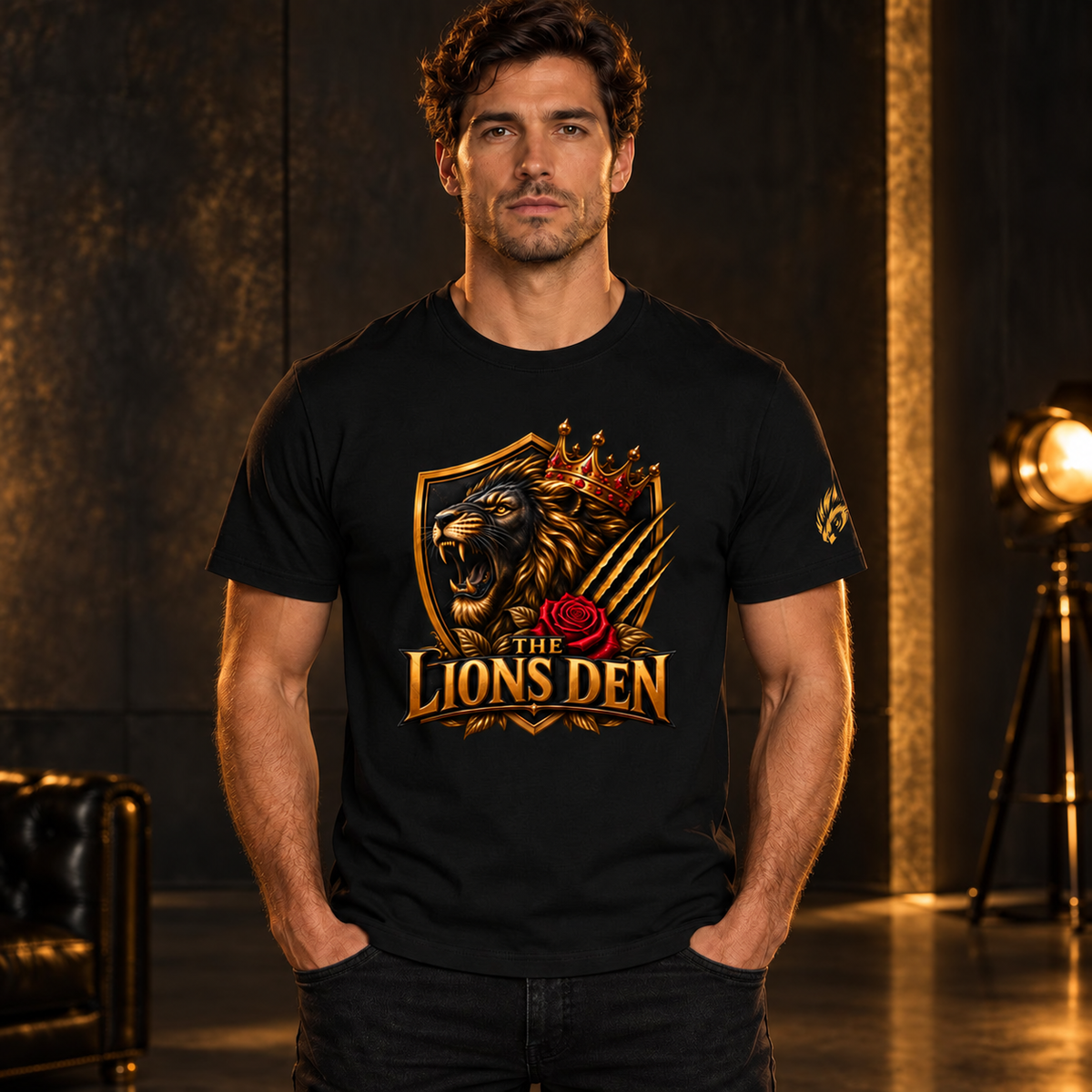 Crowned Lion Roar Essential Cotton Tee model mockup with corrected Founder sleeve stamp
