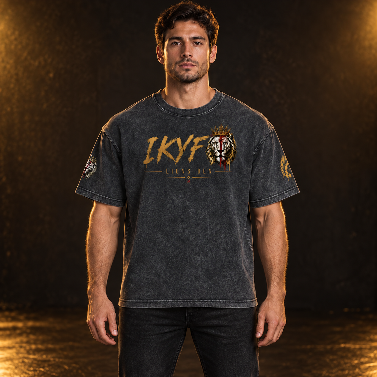 IKYF Lion Mineral Wash Mineral-Wash Boxy Tee model mockup with corrected Founder sleeve stamp
