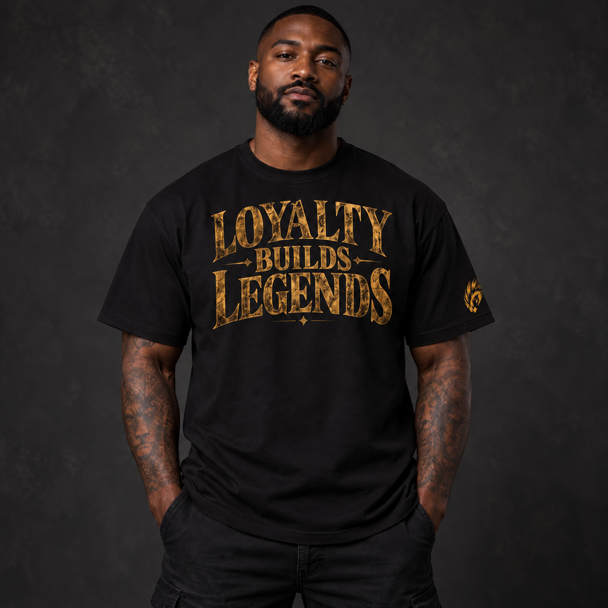 Loyalty Builds Legends Pure Cotton Tee model mockup with corrected Founder sleeve stamp