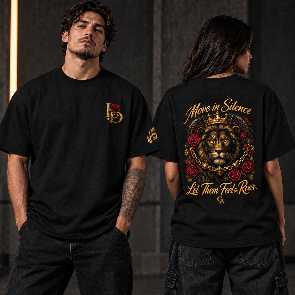 LD Ruby Monogram Streetwear Drop-Shoulder Tee model mockup with corrected Founder sleeve stamp