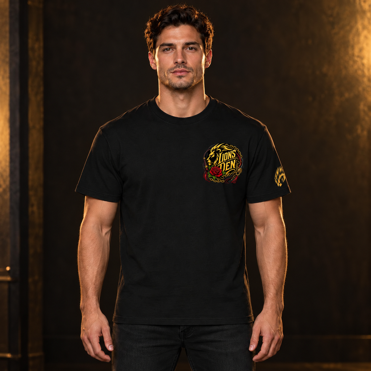 Crowned Lion Seal Essential Cotton Tee model mockup with corrected Founder sleeve stamp