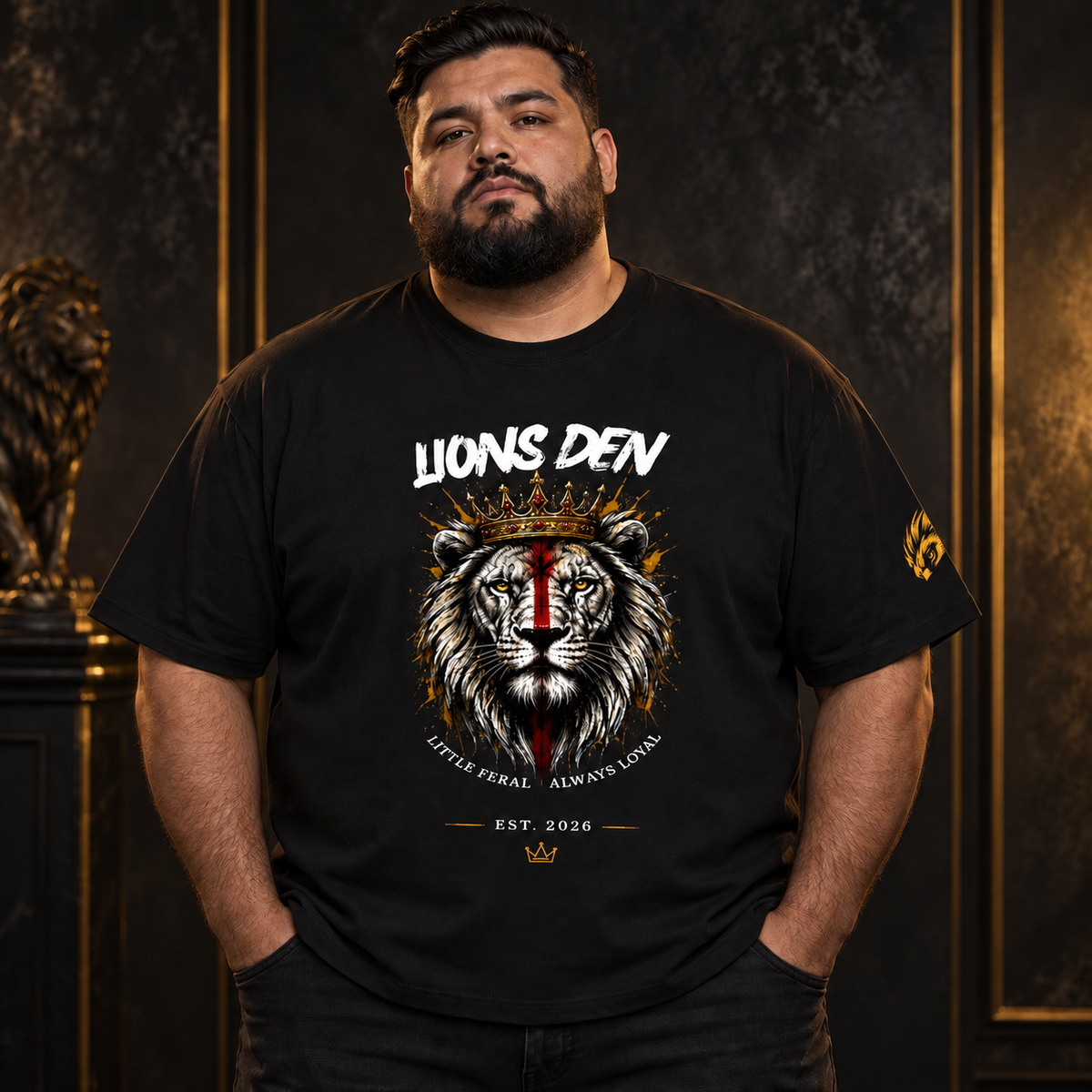 Born Wild Red Stripe Lion Essential Cotton Tee model mockup with corrected Founder sleeve stamp