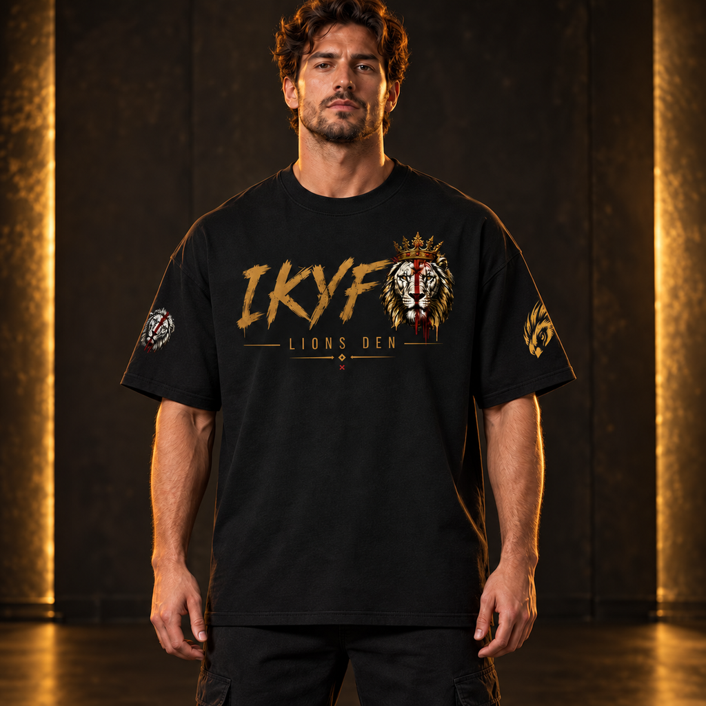 IKYF Lion Streetwear Drop-Shoulder Tee model mockup with corrected Founder sleeve stamp