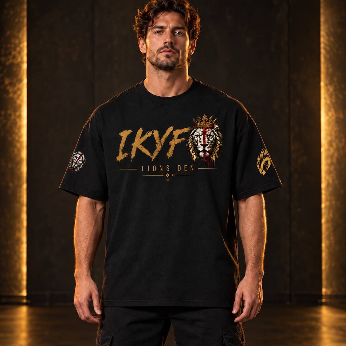 IKYF Lion Streetwear Drop-Shoulder Tee model mockup with corrected Founder sleeve stamp