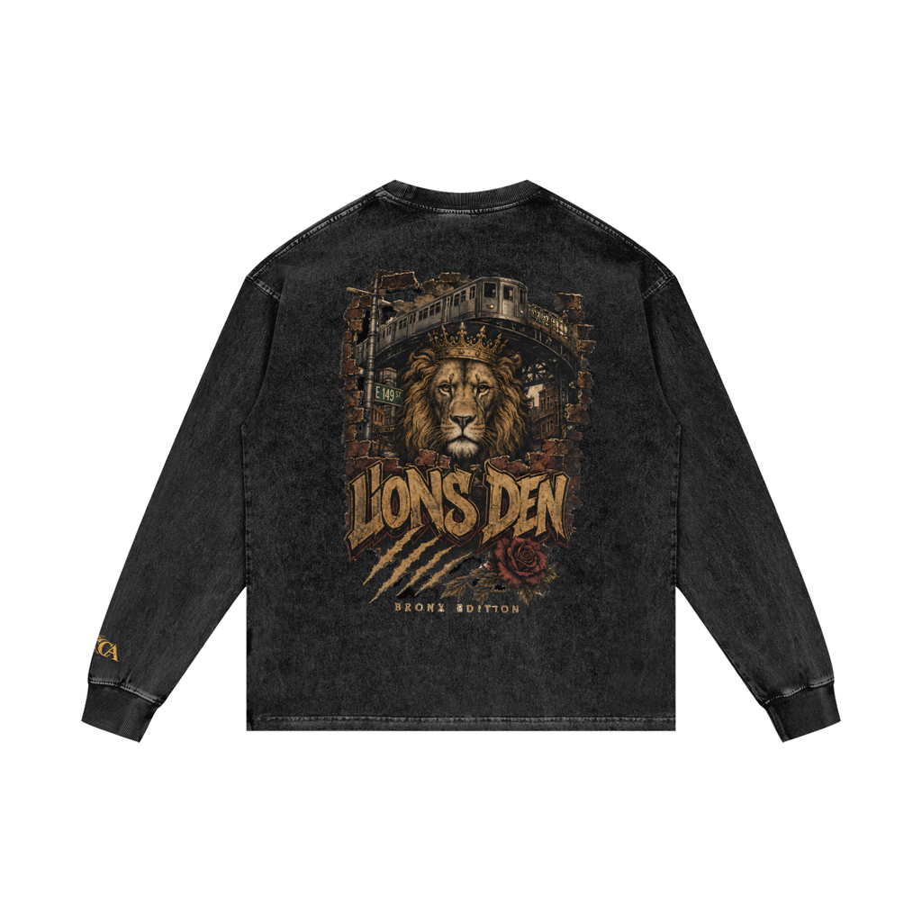 Bronx Edition Lion Acid-Wash Oversized Long-Sleeve Tee