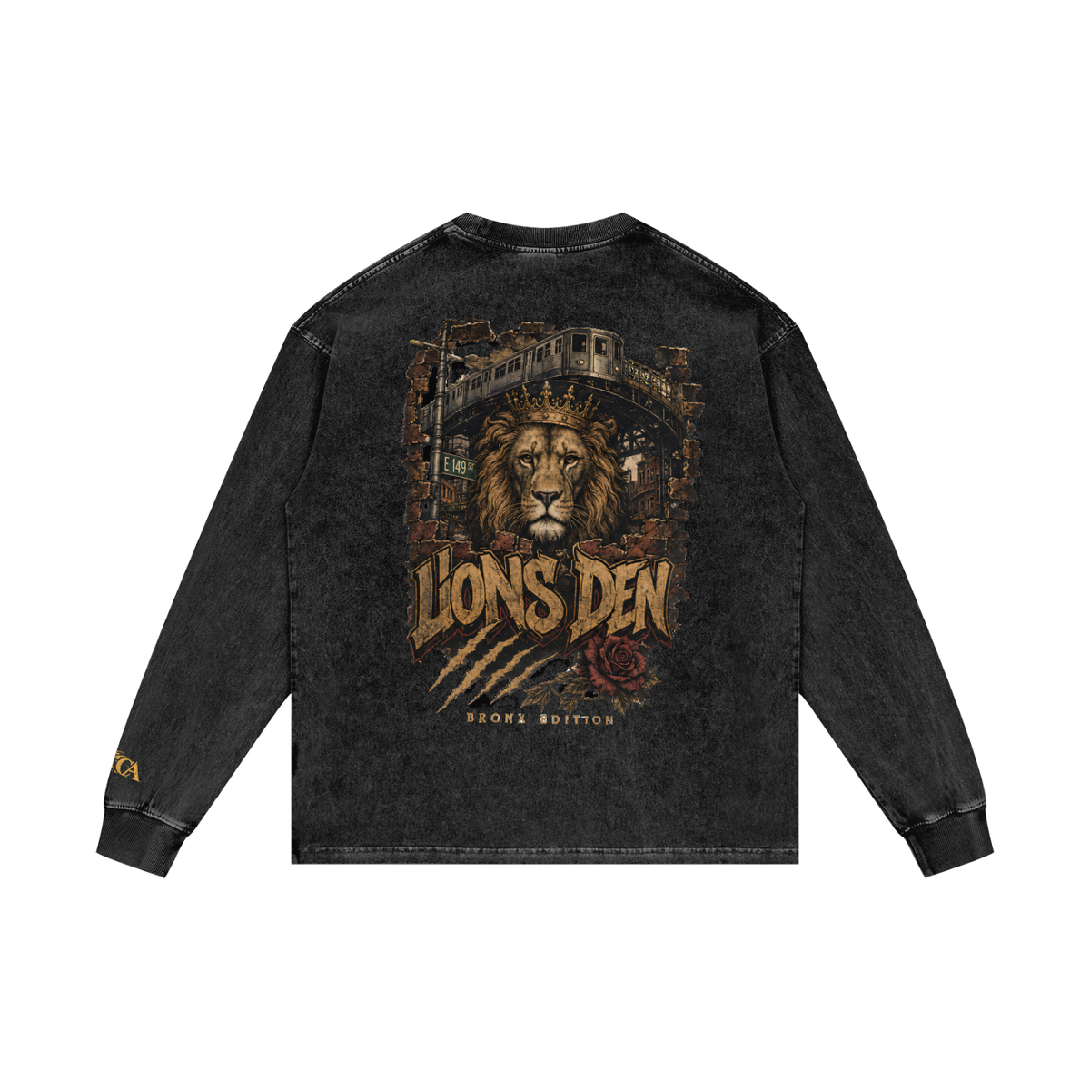 Bronx Edition Lion Acid-Wash Oversized Long-Sleeve Tee