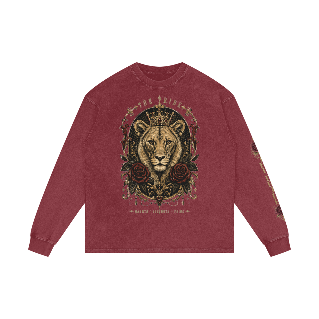 Lioness Crown & Roses Acid-Wash Oversized Long-Sleeve Tee