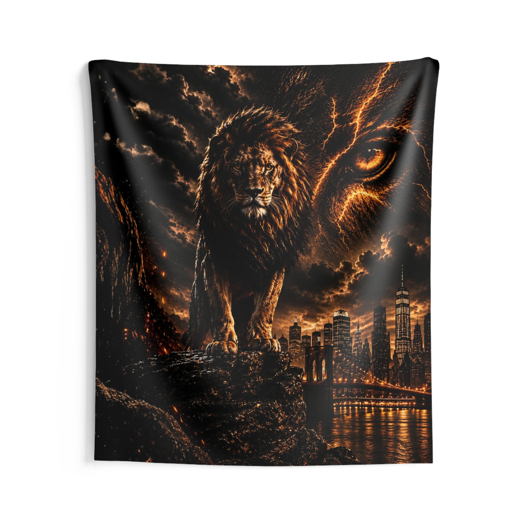 Guardian Lion Over Brooklyn Stream Backdrop