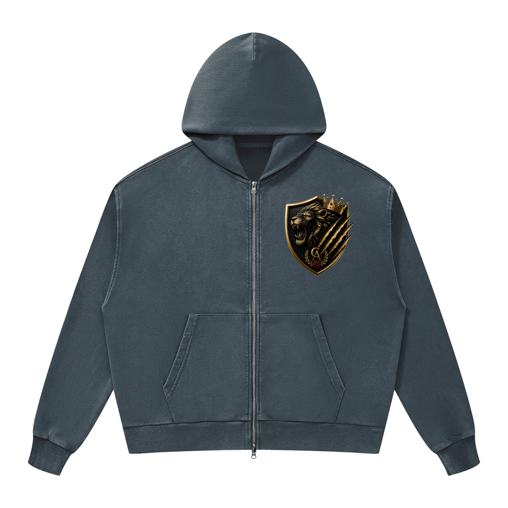 Royal Lion Shield Mineral-Wash Boxy Zip Hoodie