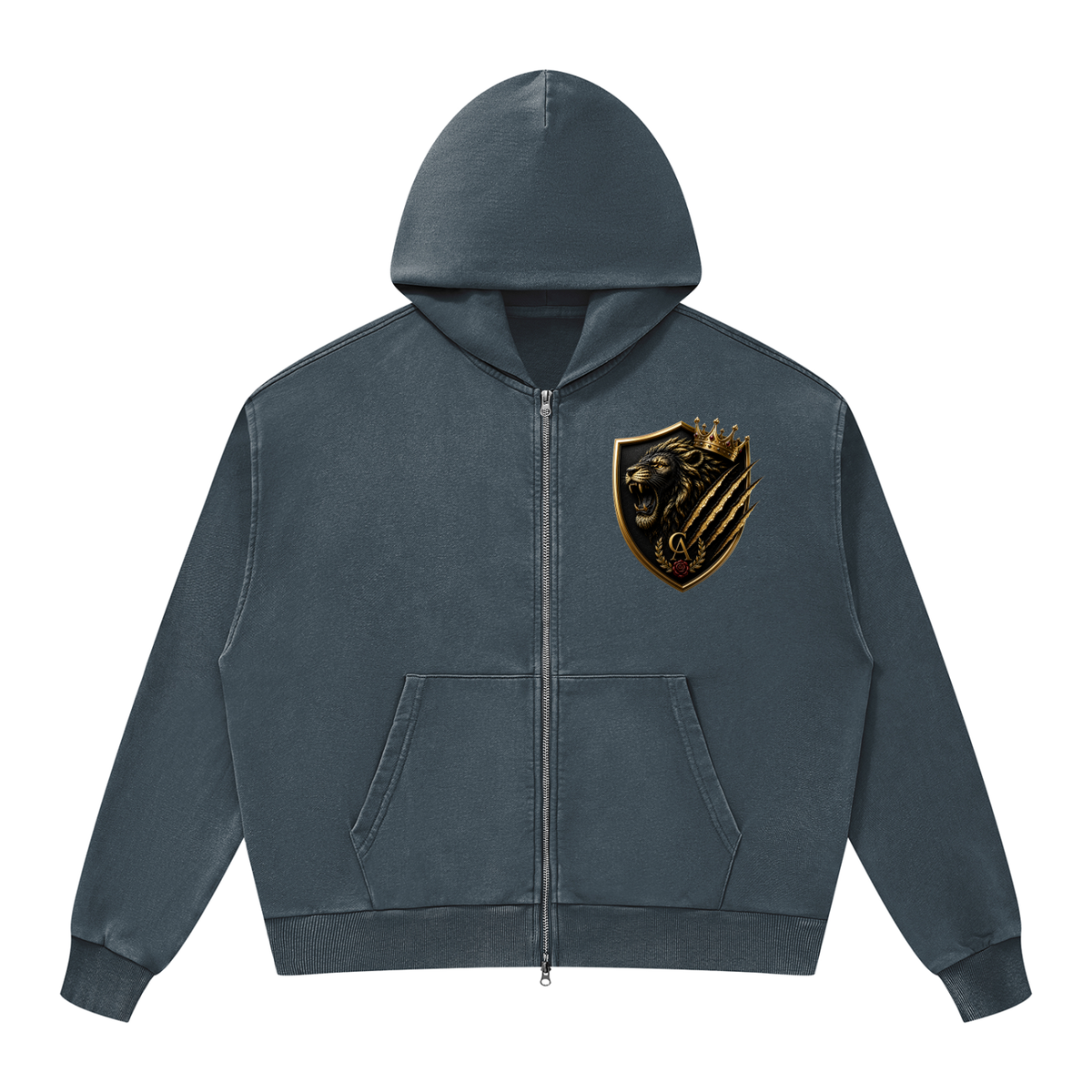 Royal Lion Shield Mineral-Wash Boxy Zip Hoodie