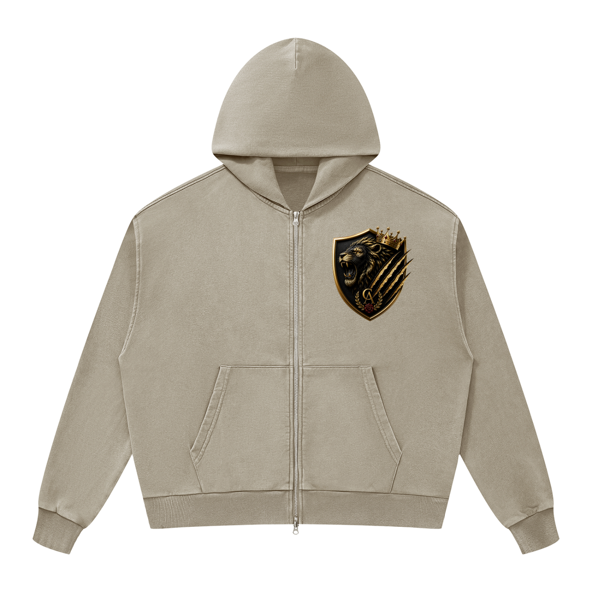 Royal Lion Shield Mineral-Wash Boxy Zip Hoodie