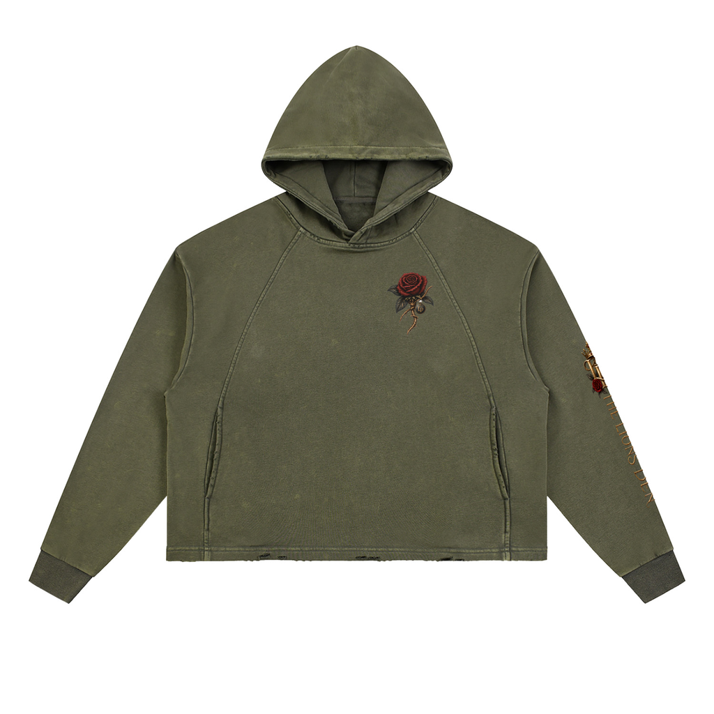 Rose Mark Vintage-Wash Frayed-Hem Hoodie