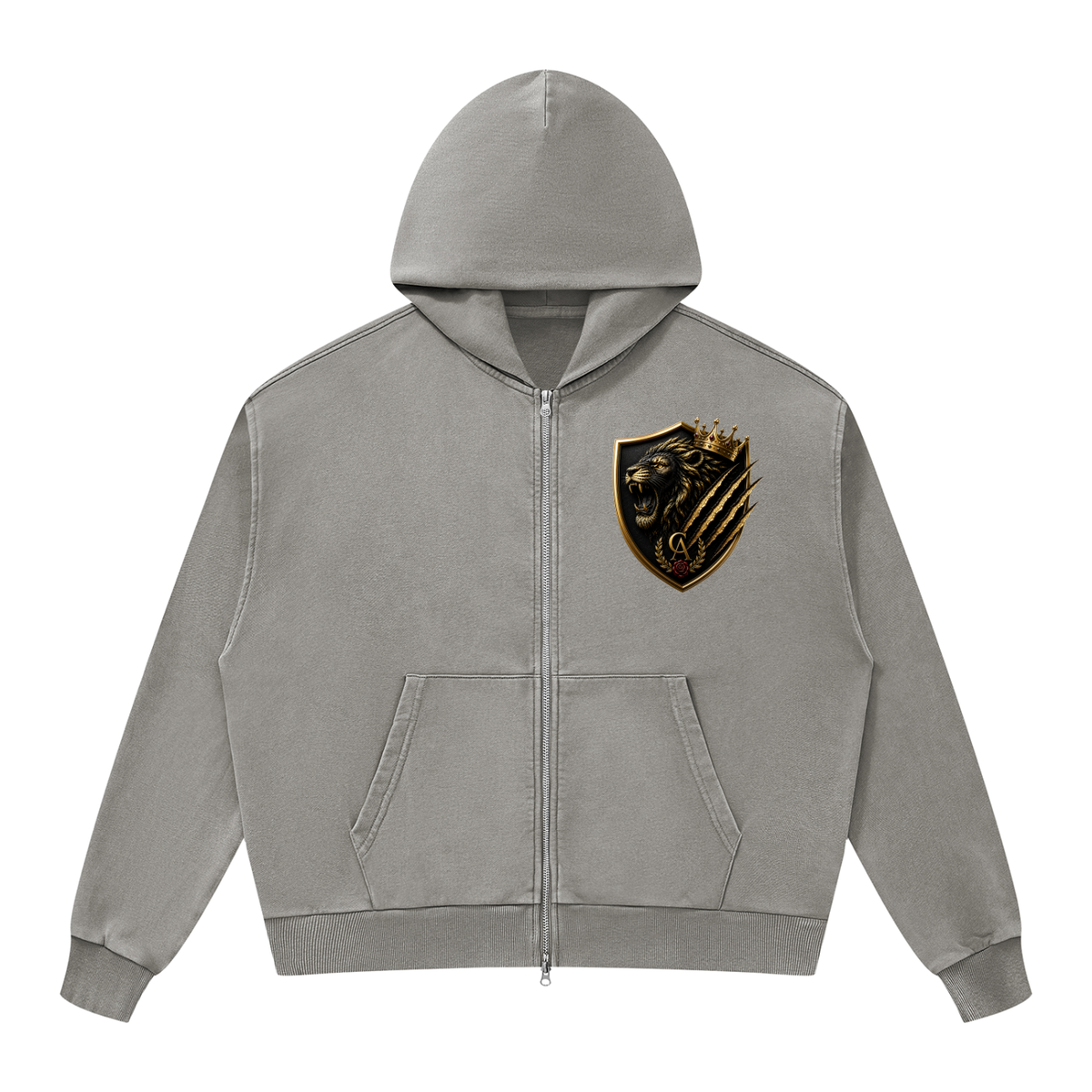 Royal Lion Shield Mineral-Wash Boxy Zip Hoodie