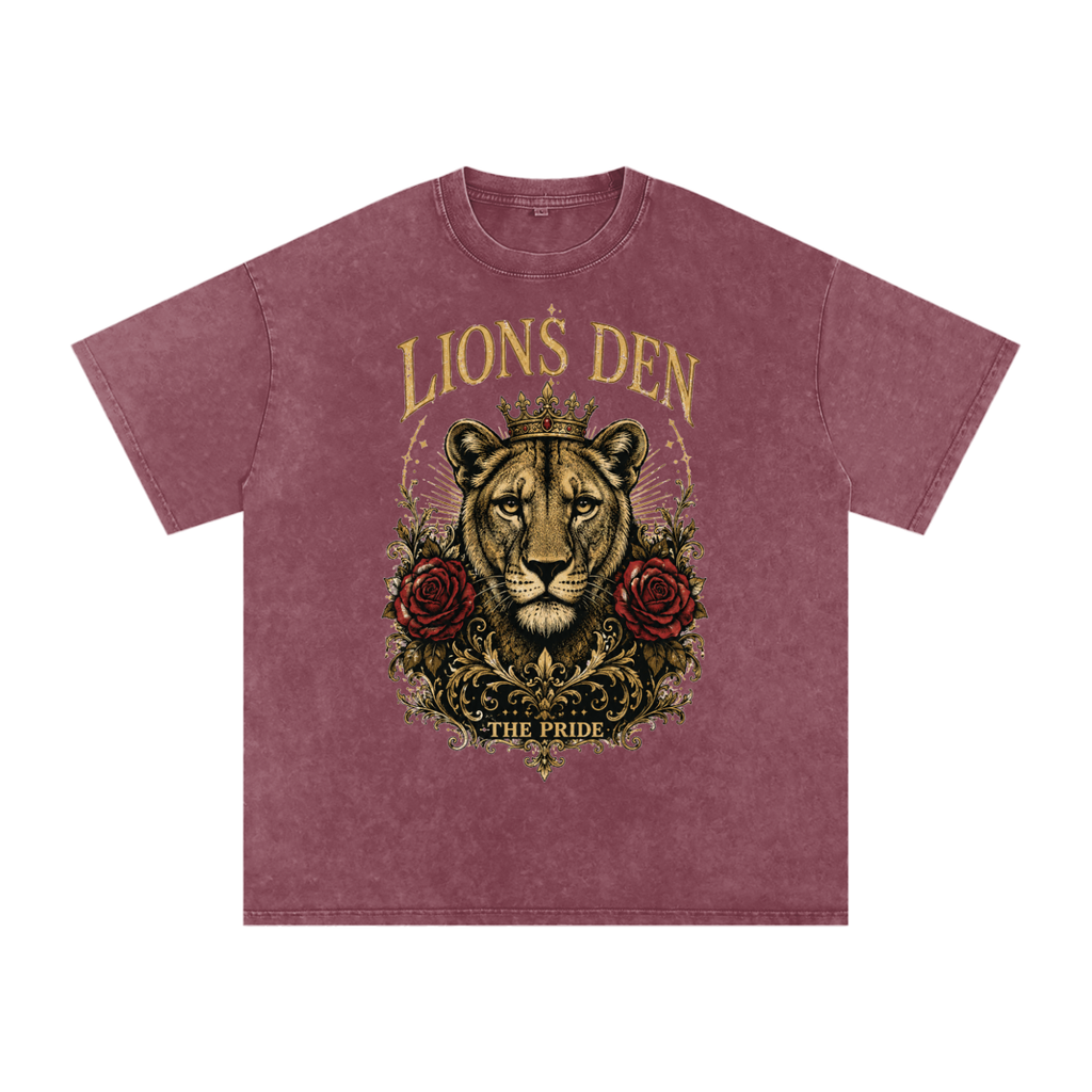 Lioness Crown and Roses Snow-Wash Oversized Tee