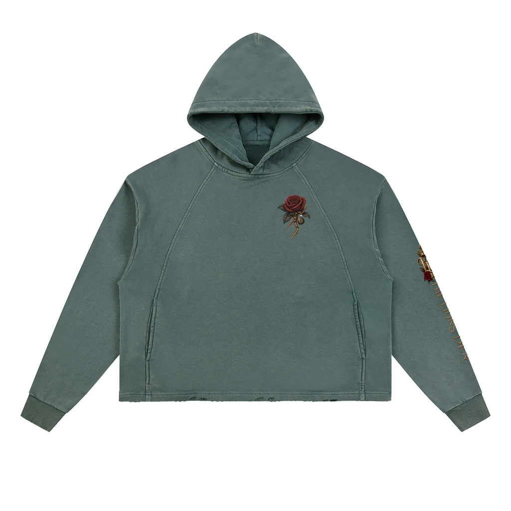 Rose Mark Vintage-Wash Frayed-Hem Hoodie