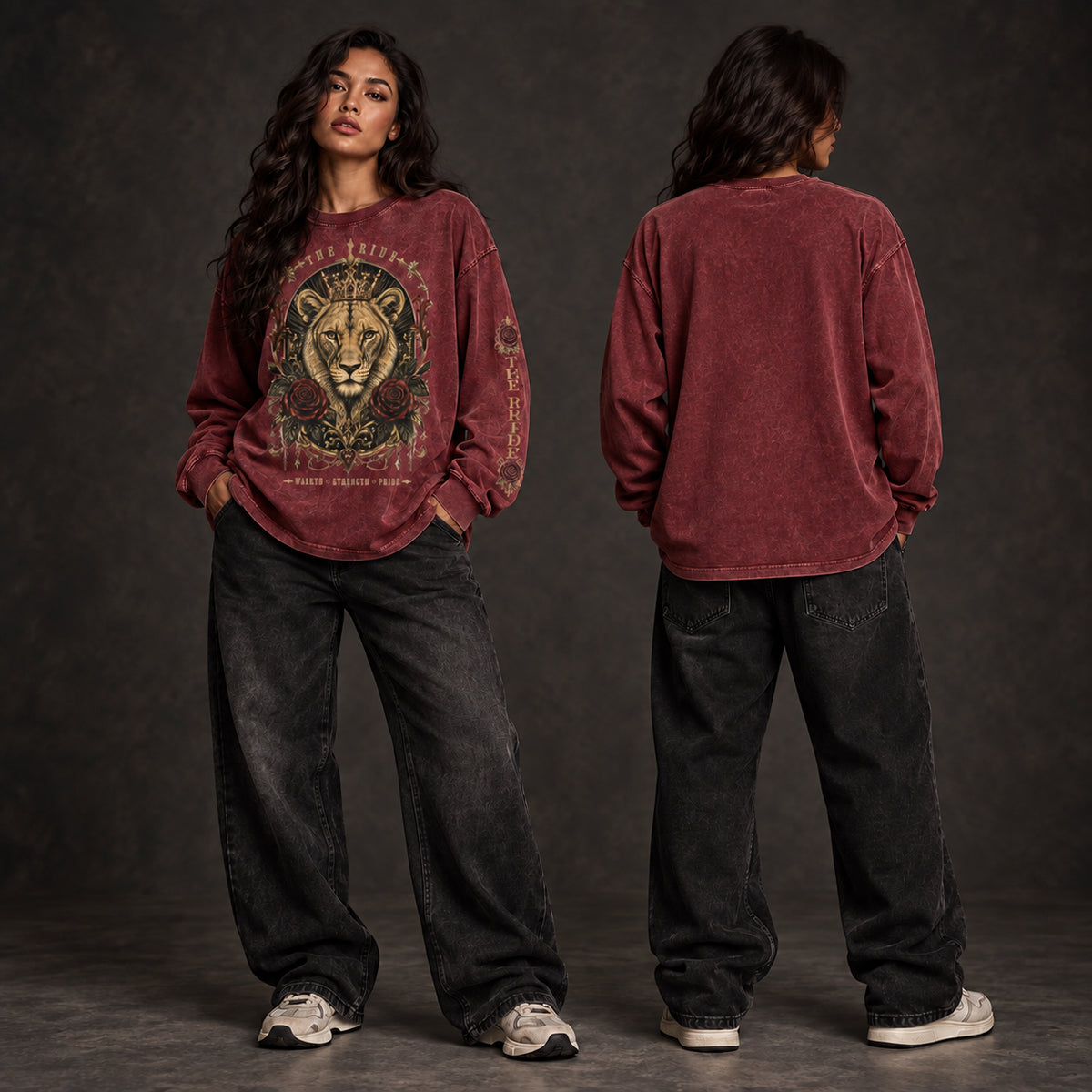 Lioness Crown & Roses Acid-Wash Oversized Long-Sleeve Tee