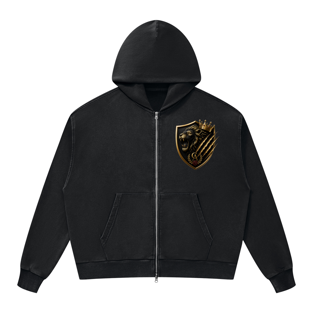 Royal Lion Shield Mineral-Wash Boxy Zip Hoodie