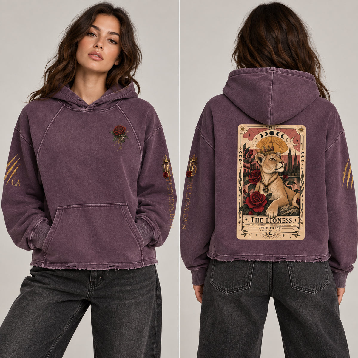 Rose Mark Vintage-Wash Frayed-Hem Hoodie