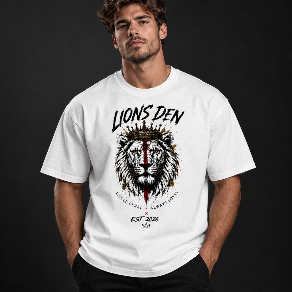 Model wearing the white Lions Den Born Wild red-stripe lion drop-shoulder tee