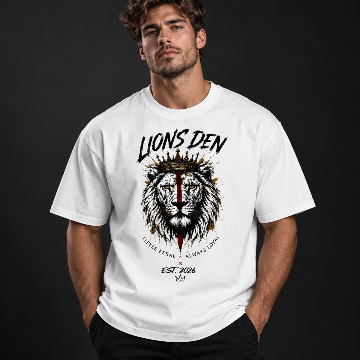 Model wearing the white Lions Den Born Wild red-stripe lion drop-shoulder tee