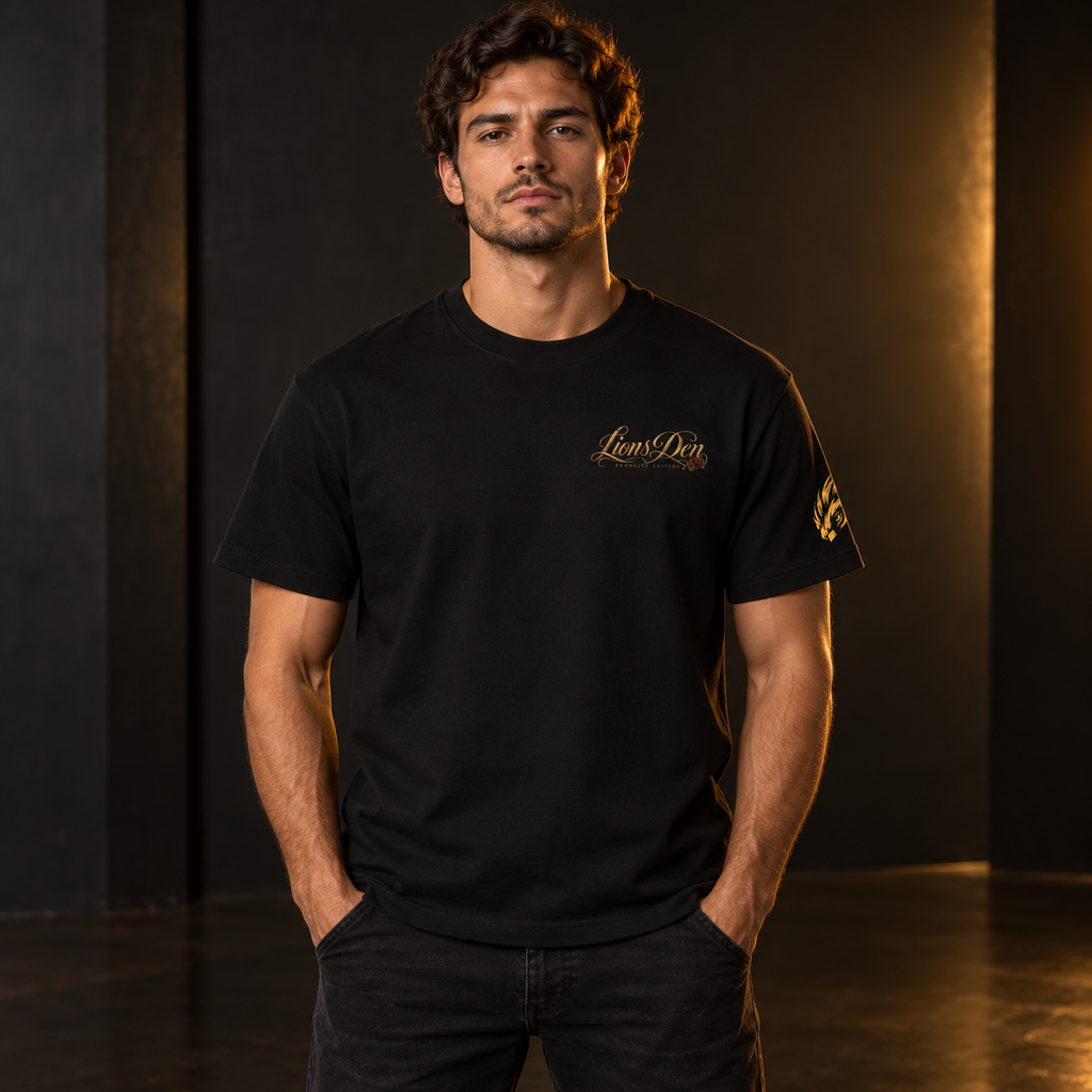 Caged Lion and Rose Essential Cotton Tee on model