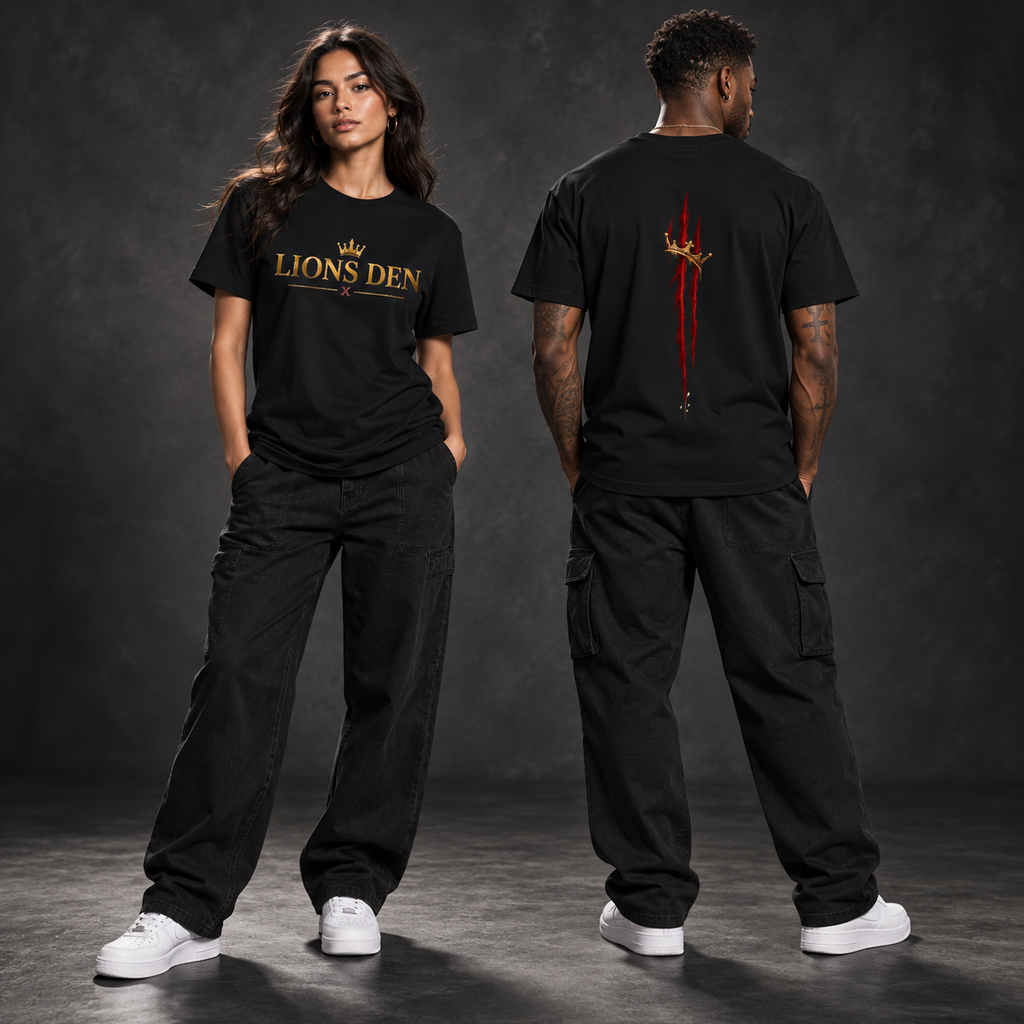 Two models wearing the black Lions Den Crowned Clawmark classic crewneck tee, shown from the front and back