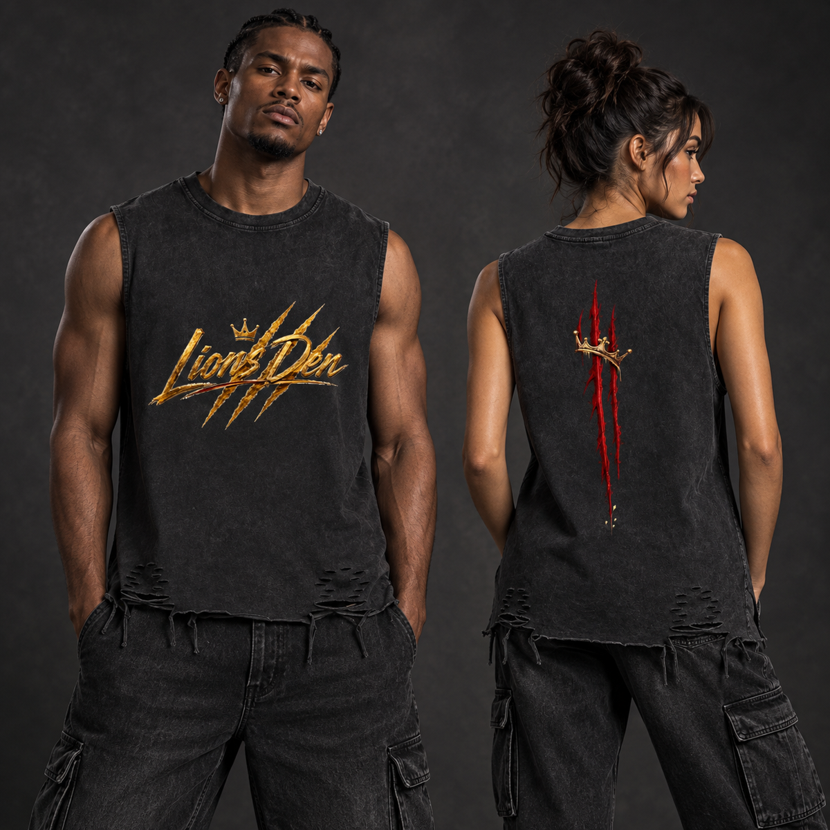 Two models wearing the black Lions Den Crowned Clawmark raw-hem snow-wash tank, shown from the front and back