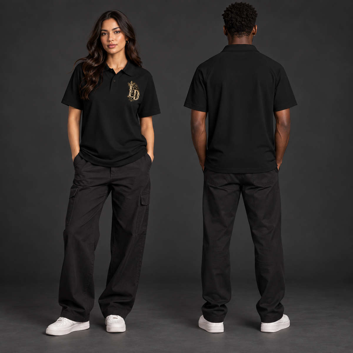 Two models wearing the black Lions Den Crowned Gothic LD classic polo, shown from the front and blank back