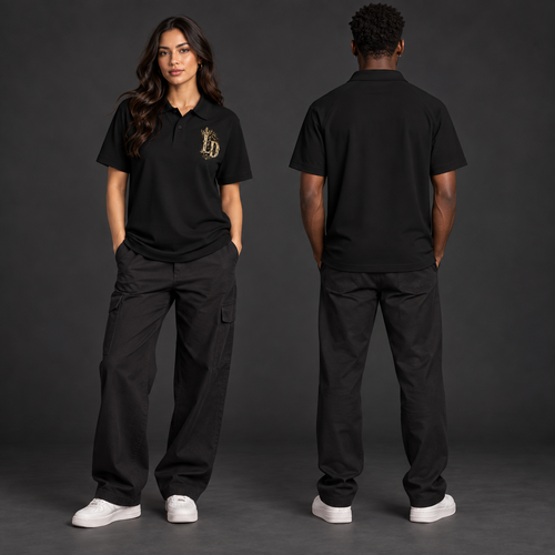 Two models wearing the black Lions Den Crowned Gothic LD classic polo, shown from the front and blank back