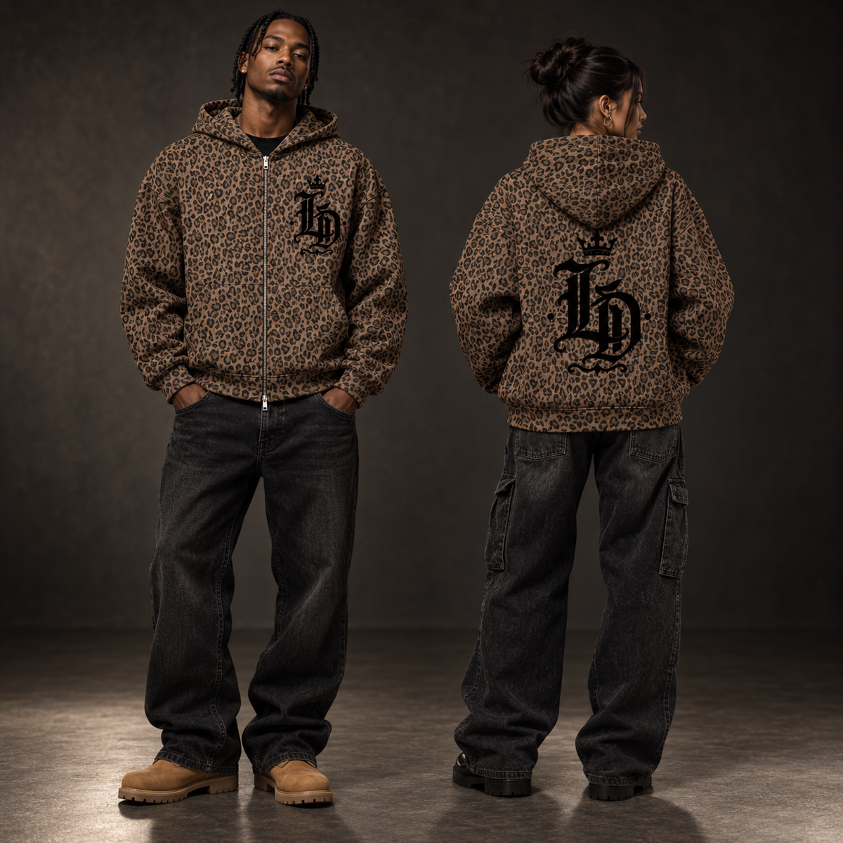 Two models wearing the Lions Den crowned Gothic LD leopard waffle full-zip hoodie, shown from the front and back