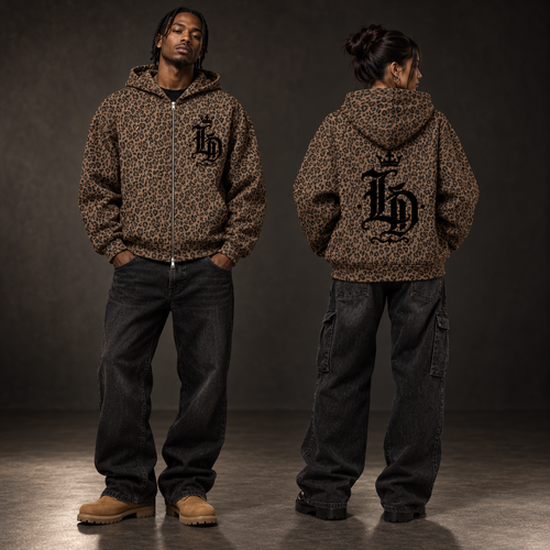 Two models wearing the Lions Den crowned Gothic LD leopard waffle full-zip hoodie, shown from the front and back