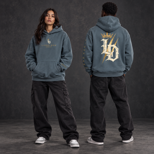 Two models wearing the Gray Blue Lions Den Crowned Gothic LD oversized fleece hoodie, shown from the front and back